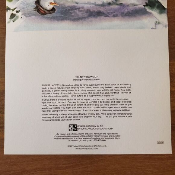 National Wildlife Federation Holiday Cards 1997 COUNTRY SNOWMAN Set of 6 - Picture 3 of 5